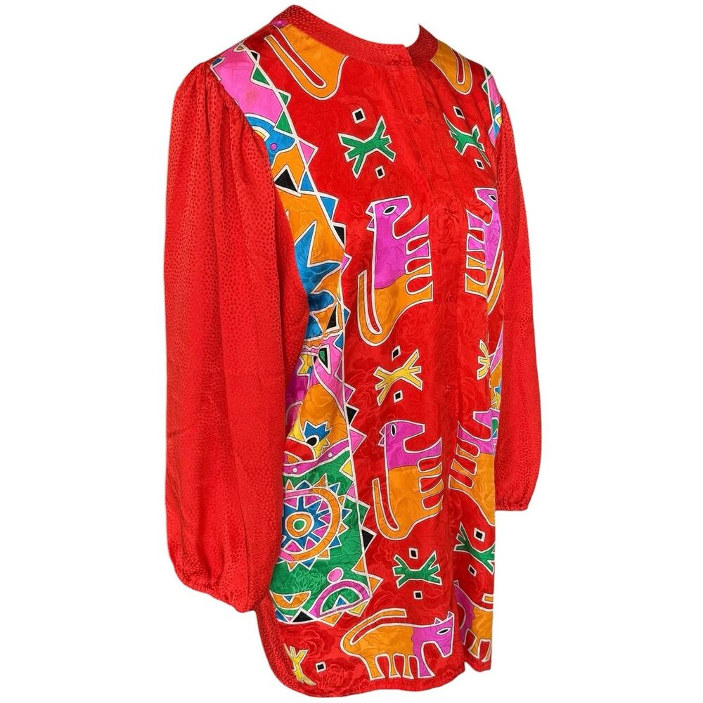 Vintage Diane Freis 100% Silk Tunic Blouse Abstract Ethnic Print Red S